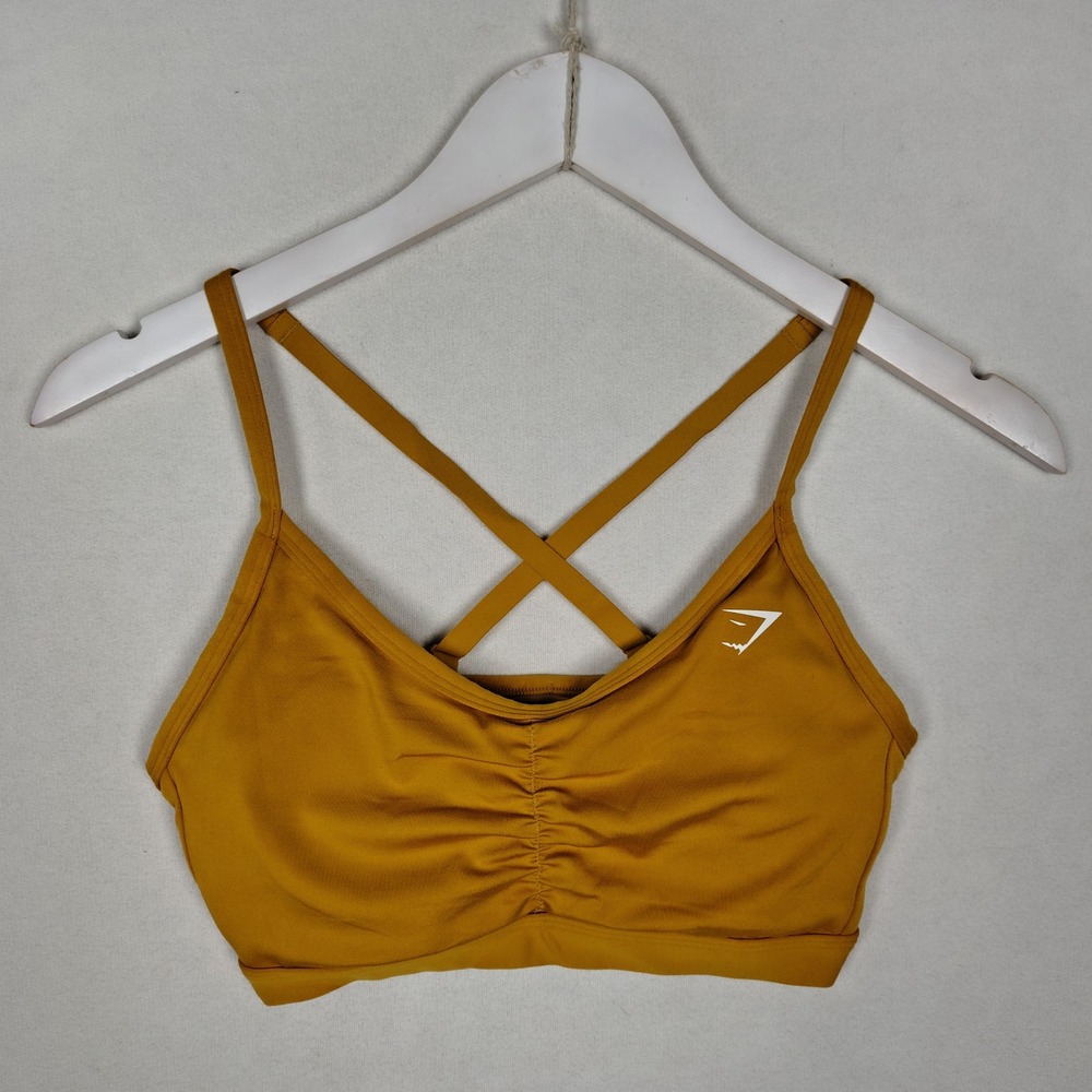 Gymshark Ruched V-Neck Sports Bra Mustard Yellow Adjustable Cross Back Small